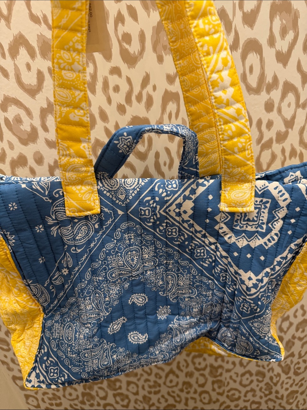 New Blue Quilted Bandana Tote Bag Yellow Paisley Print Puff Shoulder Handbag NEW